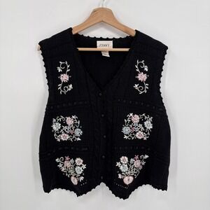 Vintage Jenny Womens Black Floral Embroidered Knit Vest Size Large Cottage Core
